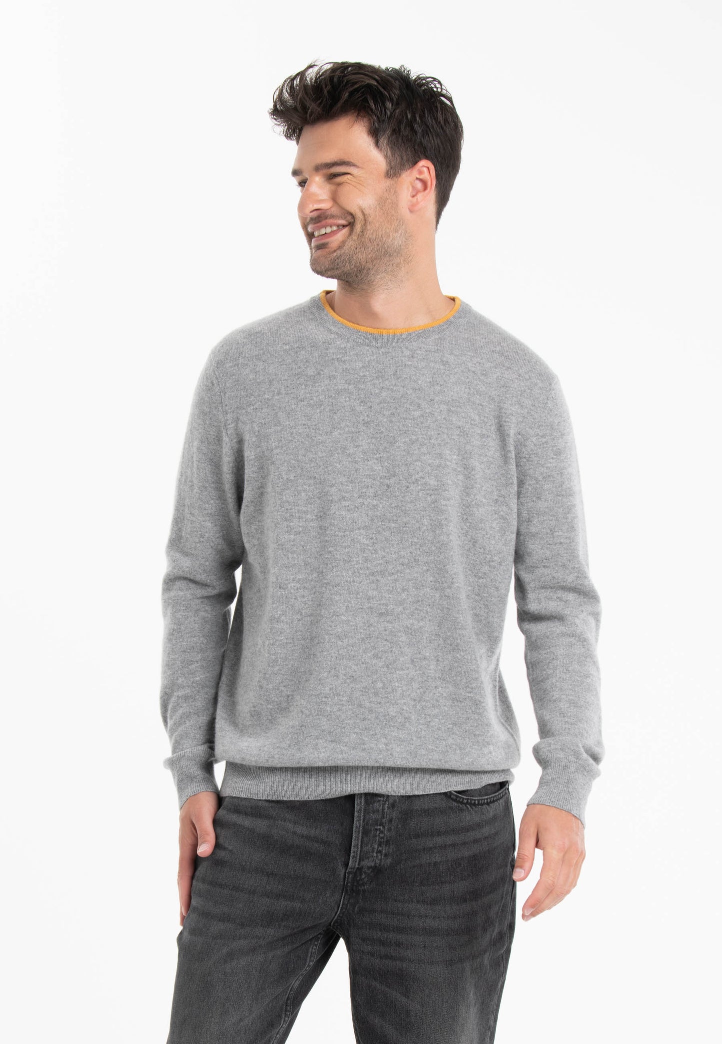 GABI 5 Pull double col rond bicolore en cachemire gris/jaune