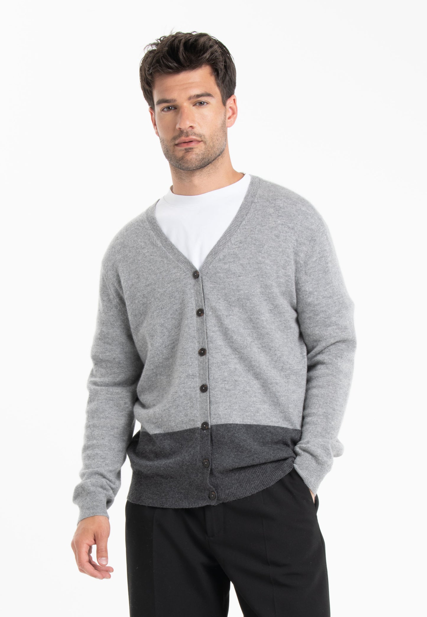 GABI 6 Cardigan col V bicolore en cachemire gris