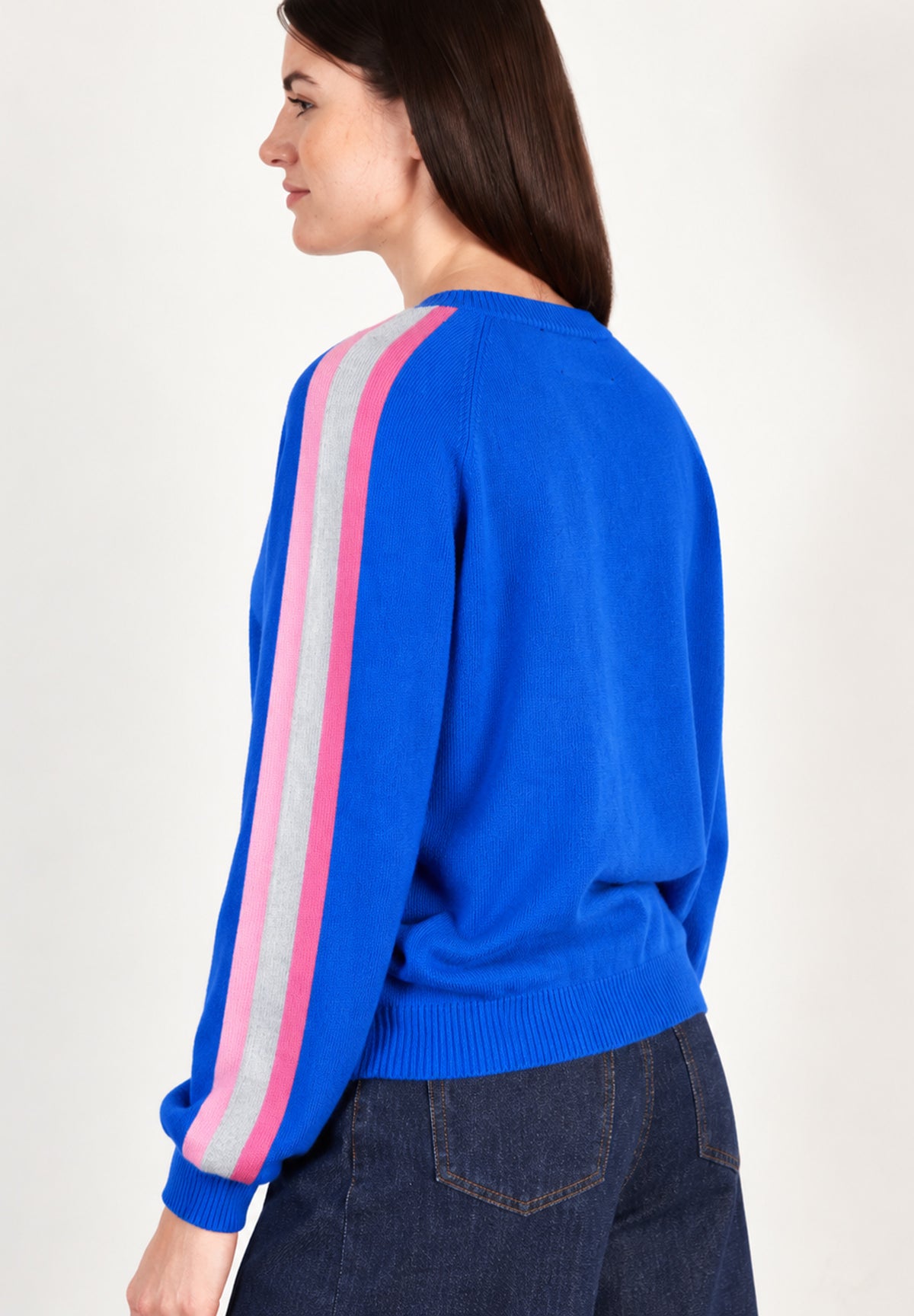Pull col rond femme en cachemire bleu pétrole & bande multicolore - ZAYA 19