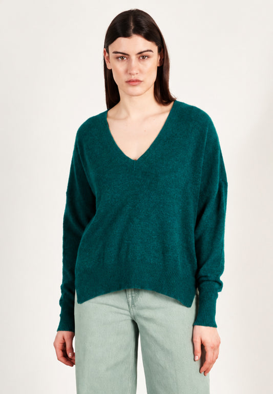 Pull col V femme en cachemire vert foncé - RIA 3