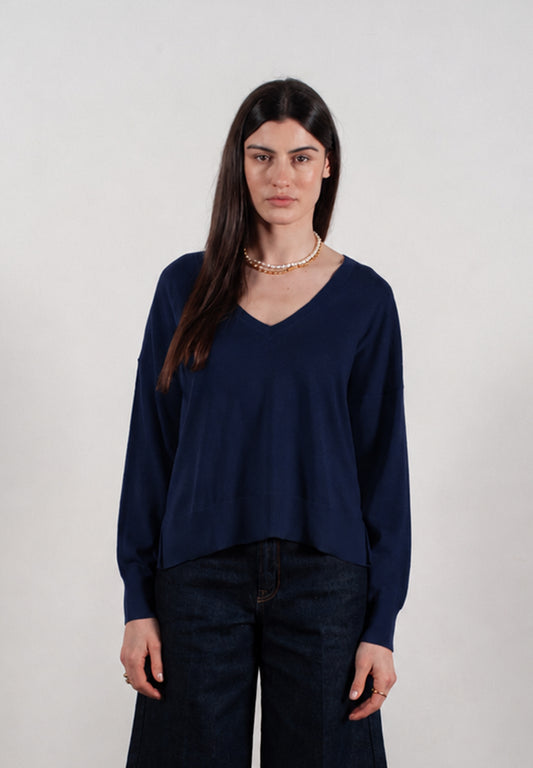 Pull col V femme en cachemire & laine ultrafin bleu marine - KELLY 10