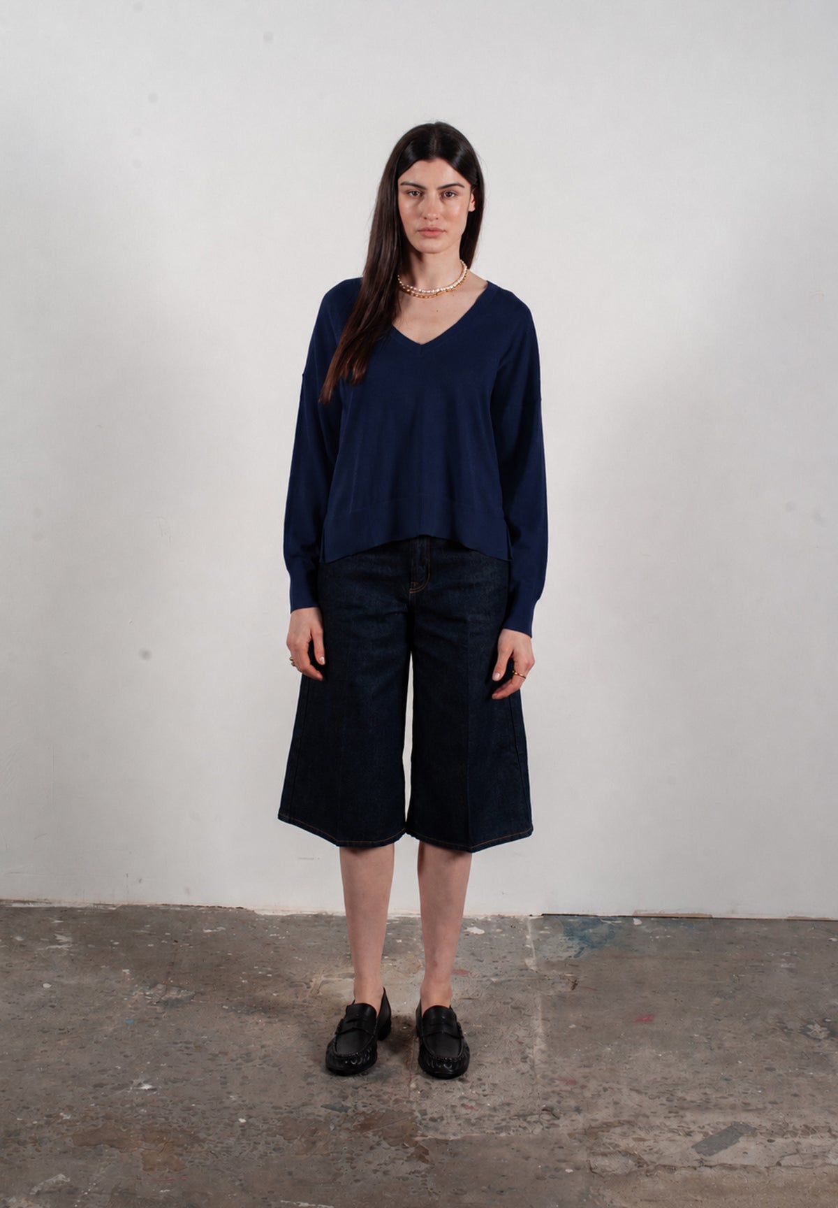 Pull col V femme en cachemire & laine ultrafin bleu marine - KELLY 10