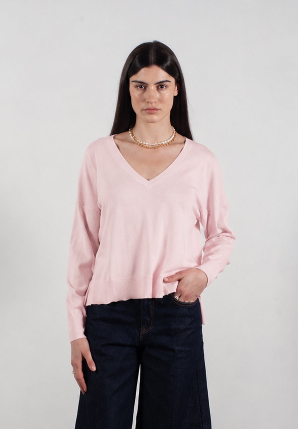 Pull col V femme en cachemire & laine ultrafin rose baby - KELLY 10