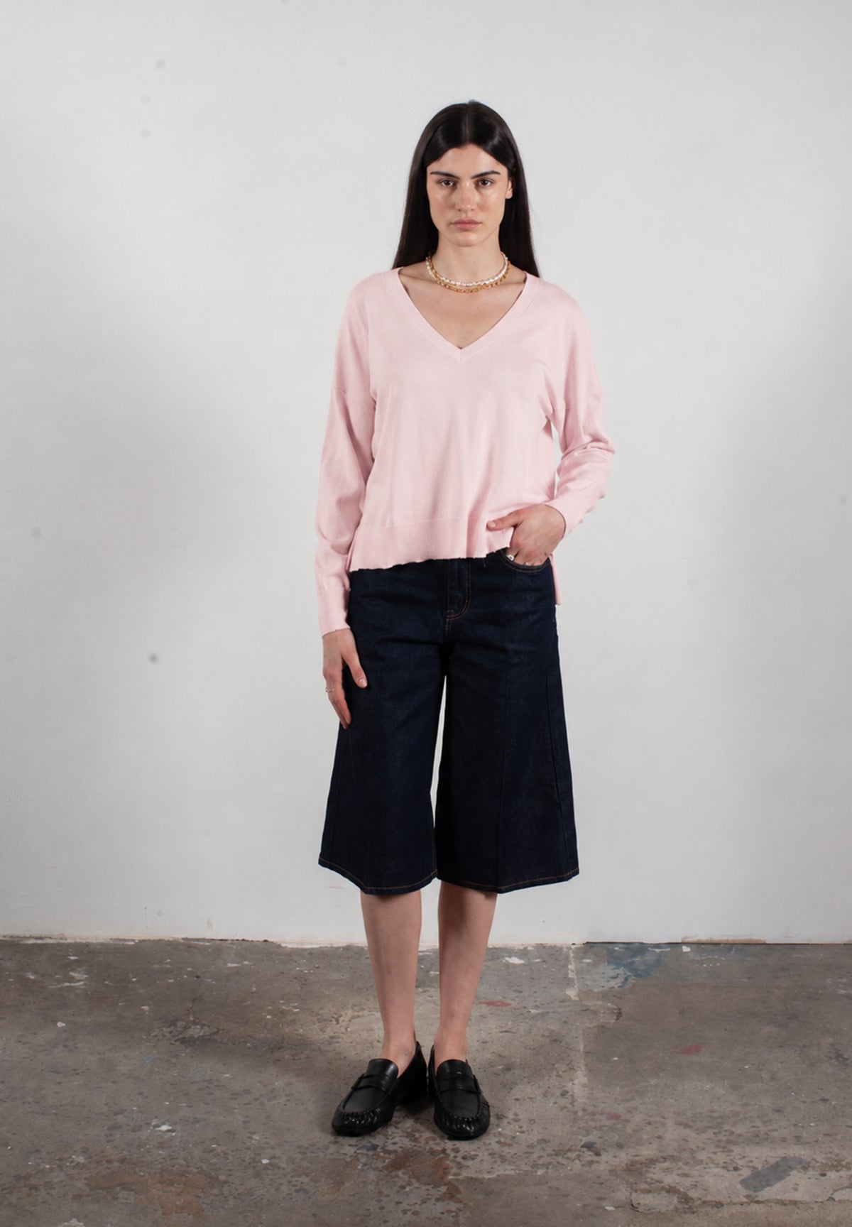 Pull col V femme en cachemire & laine ultrafin rose baby - KELLY 10