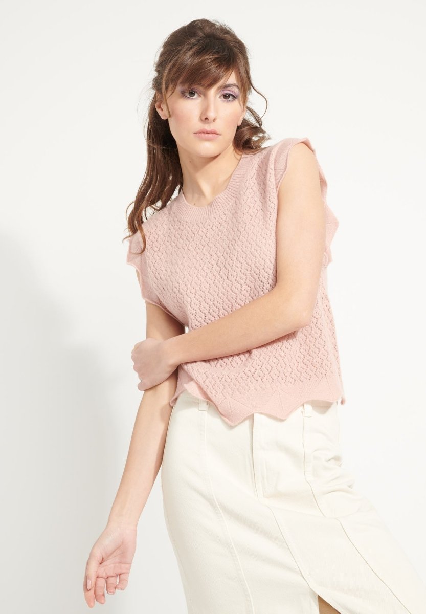 AVA 3 Haut fantaisie en cachemire déjaugé sans manches rose poudré - Studio cashmere8