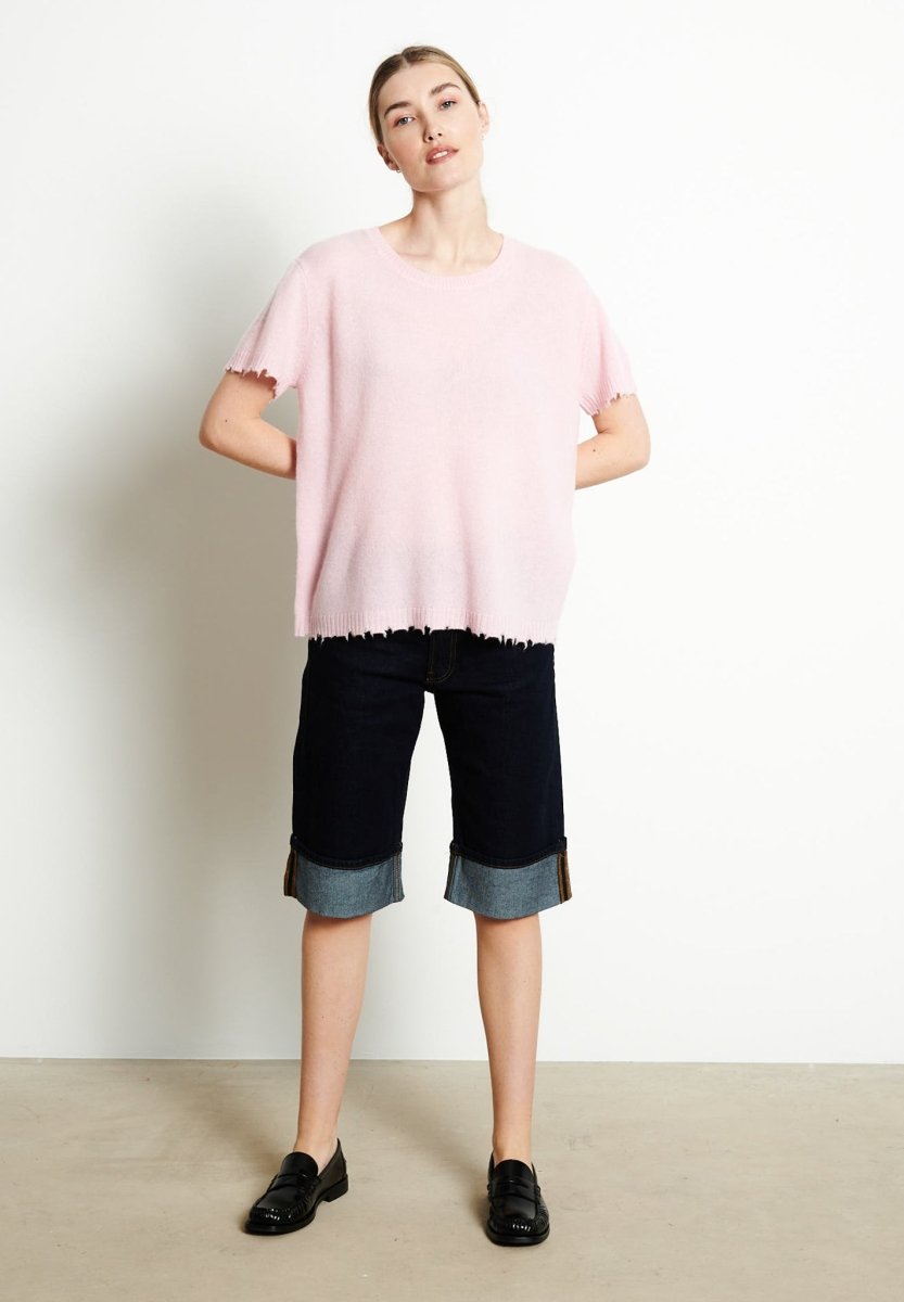 AVA 6 T-shirt en cachemire déjaugé col rond manches courtes avec finitions ciselées rose baby - Studio cashmere8