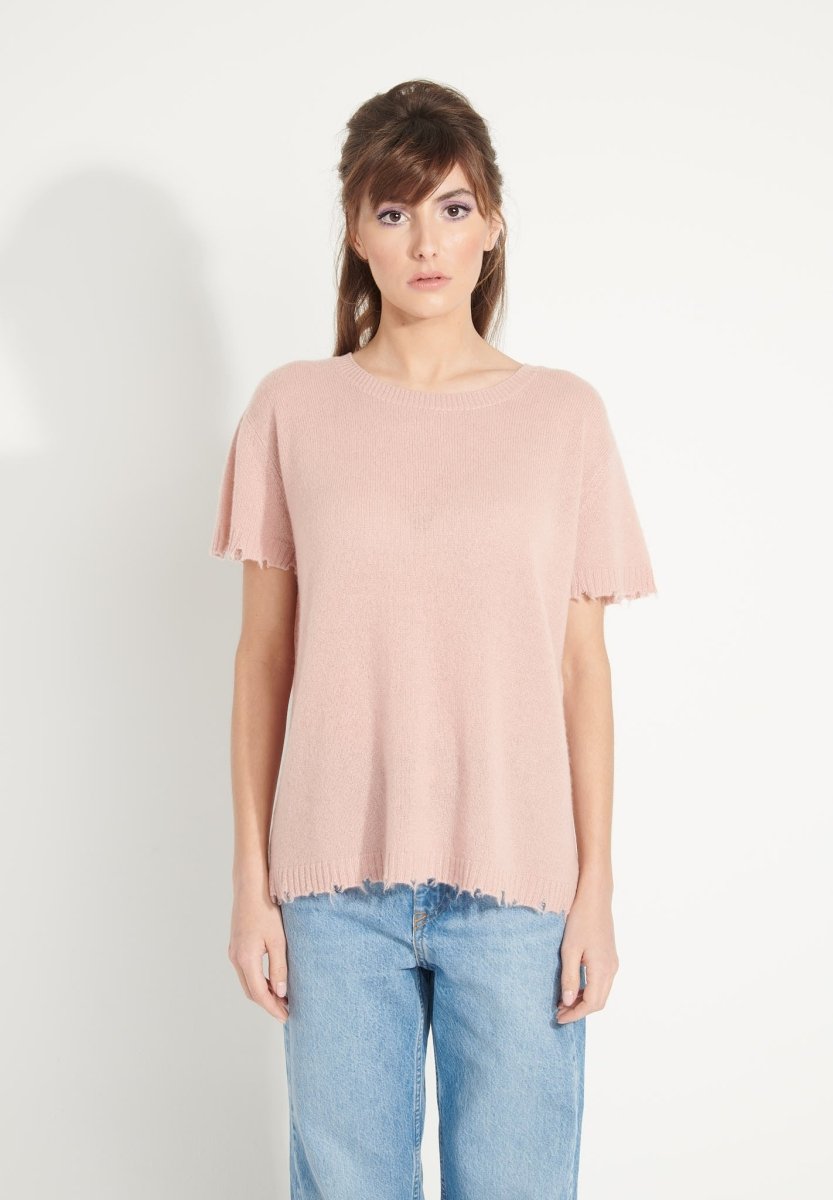 AVA 6 T shirt en cachemire déjaugé col rond manches courtes avec finitions ciselées rose poudré - Studio cashmere8