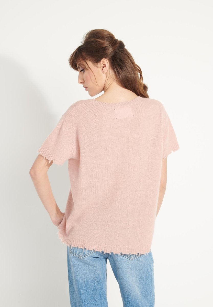 AVA 6 T shirt en cachemire déjaugé col rond manches courtes avec finitions ciselées rose poudré - Studio cashmere8