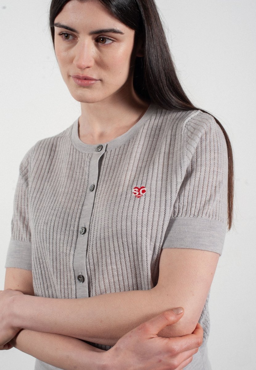 Cardigan col rond manches courtes femme en cachemire et laine ajouré ultrafin gris clair - FRIDA 6