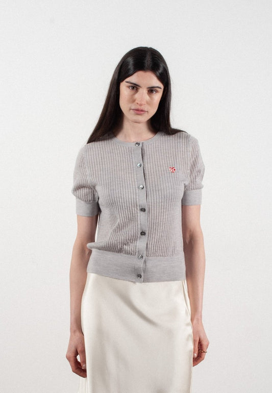 Cardigan col rond manches courtes femme en cachemire et laine ajouré ultrafin gris clair - FRIDA 6 - Studio cashmere8