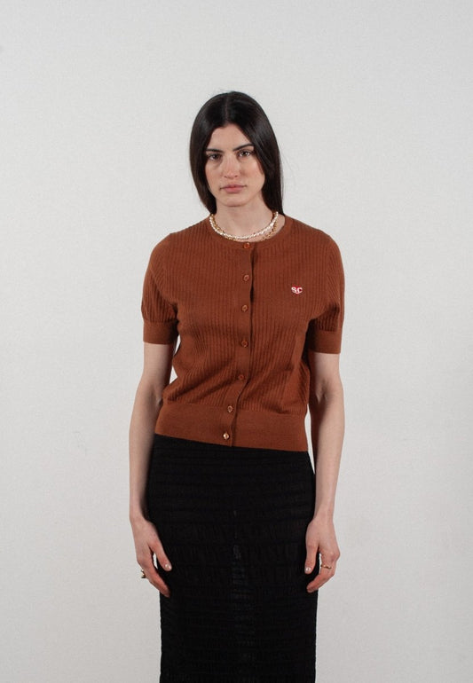 Cardigan col rond manches courtes femme en cachemire et laine ajouré ultrafin marron clair - FRIDA 6 - Studio cashmere8