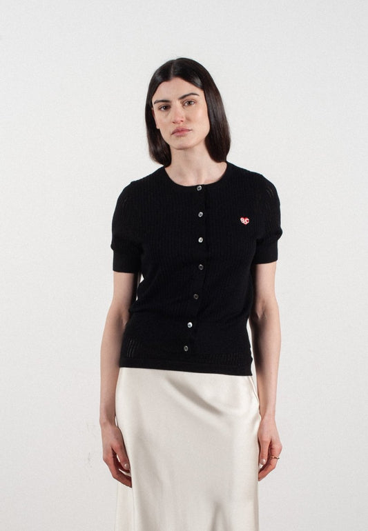 Cardigan col rond manches courtes femme en cachemire et laine ajouré ultrafin noir - FRIDA 6 - Studio cashmere8