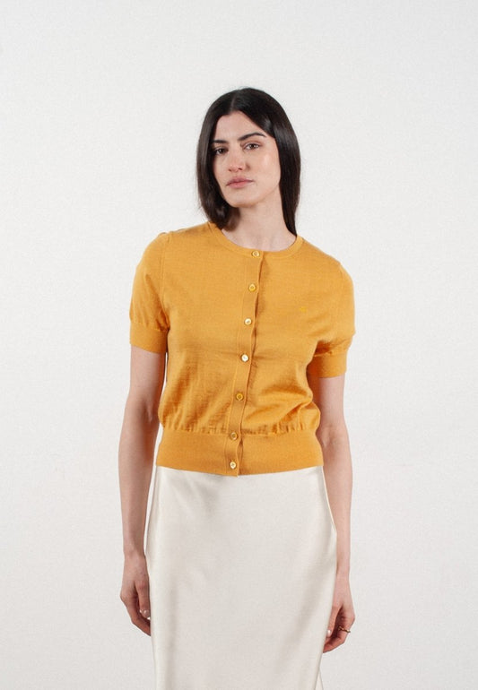 Cardigan col rond manches courtes femme en cachemire et laine ultrafin jaune - FRIDA 5 - Studio cashmere8