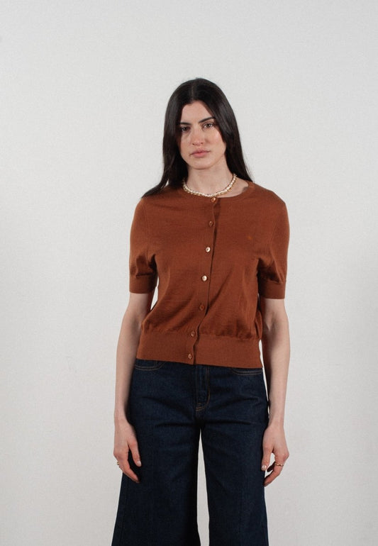 Cardigan col rond manches courtes femme en cachemire et laine ultrafin marron clair - FRIDA 5 - Studio cashmere8
