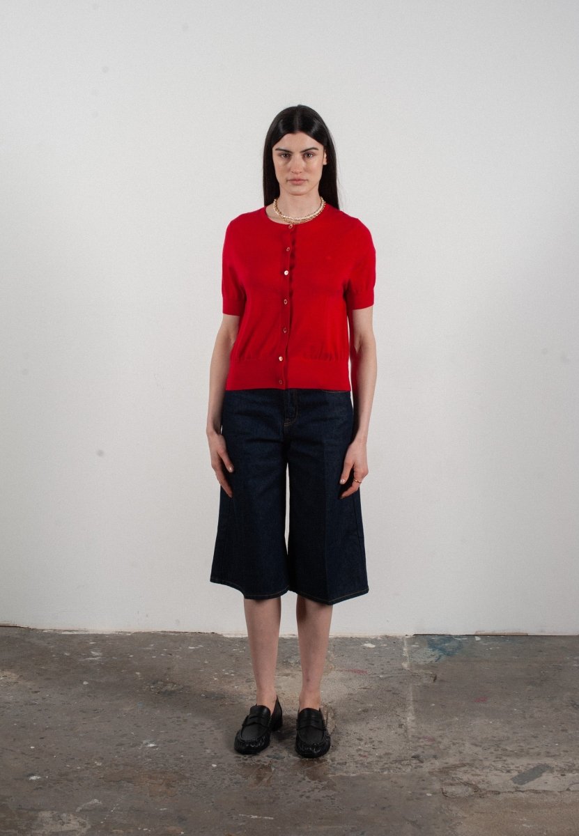 Cardigan col rond manches courtes femme en cachemire et laine ultrafin rouge - FRIDA 5 - Studio cashmere8
