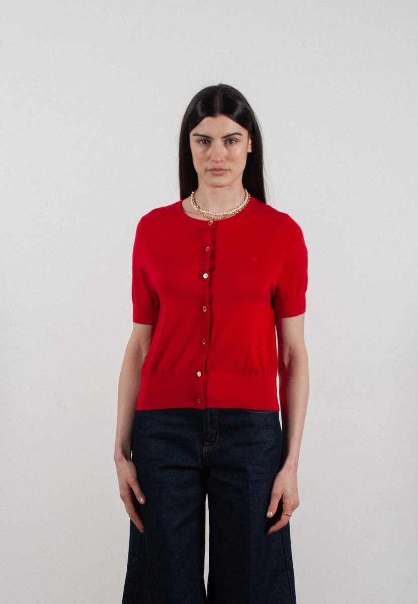 Cardigan col rond manches courtes femme en cachemire et laine ultrafin rouge - FRIDA 5 - Studio cashmere8