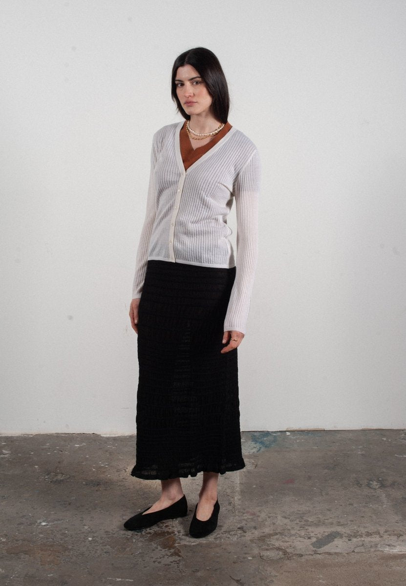 Cardigan col V femme en cachemire et laine ajouré ultrafin blanc - FRIDA 3 - Studio cashmere8