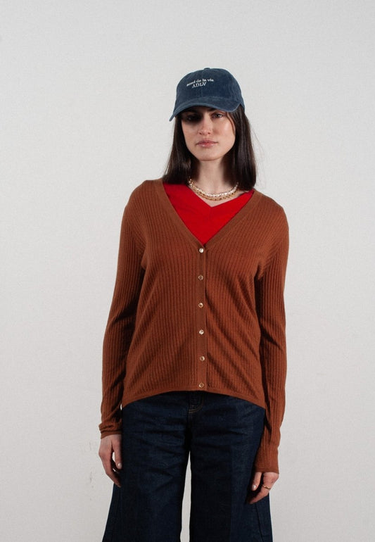 Cardigan col V femme en cachemire et laine ajouré ultrafin marron clair - FRIDA 3 - Studio cashmere8