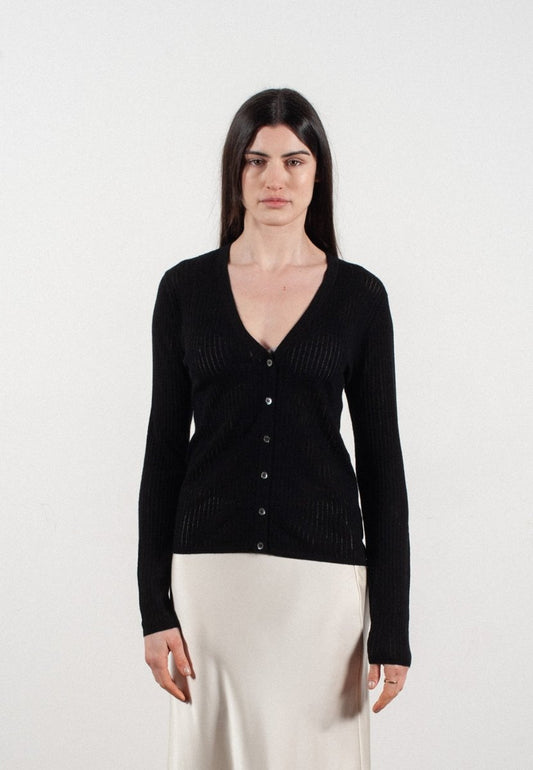 Cardigan col V femme en cachemire et laine ajouré ultrafin noir - FRIDA 3 - Studio cashmere8