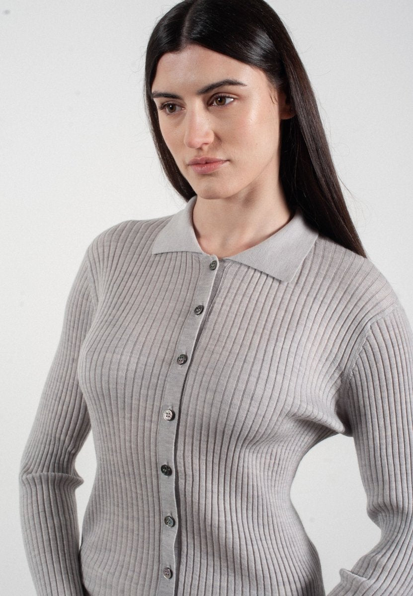 Chemise col polo manches longues en cachemire et laine ultrafin gris clair - FRIDA 4 - Studio cashmere8