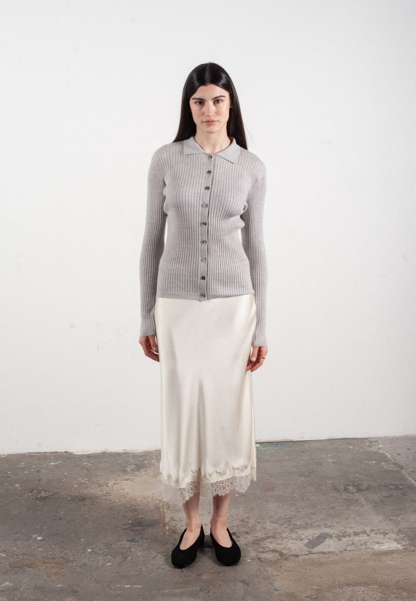 Chemise col polo manches longues en cachemire et laine ultrafin gris clair - FRIDA 4 - Studio cashmere8