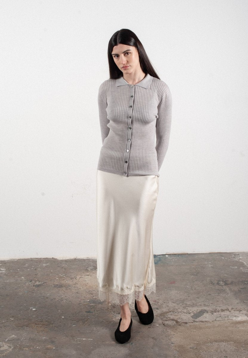 Chemise col polo manches longues en cachemire et laine ultrafin gris clair - FRIDA 4 - Studio cashmere8