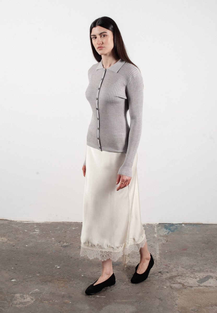 Chemise col polo manches longues en cachemire et laine ultrafin gris clair - FRIDA 4 - Studio cashmere8