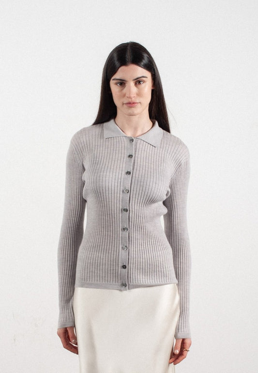 Chemise col polo manches longues en cachemire et laine ultrafin gris clair - FRIDA 4 - Studio cashmere8