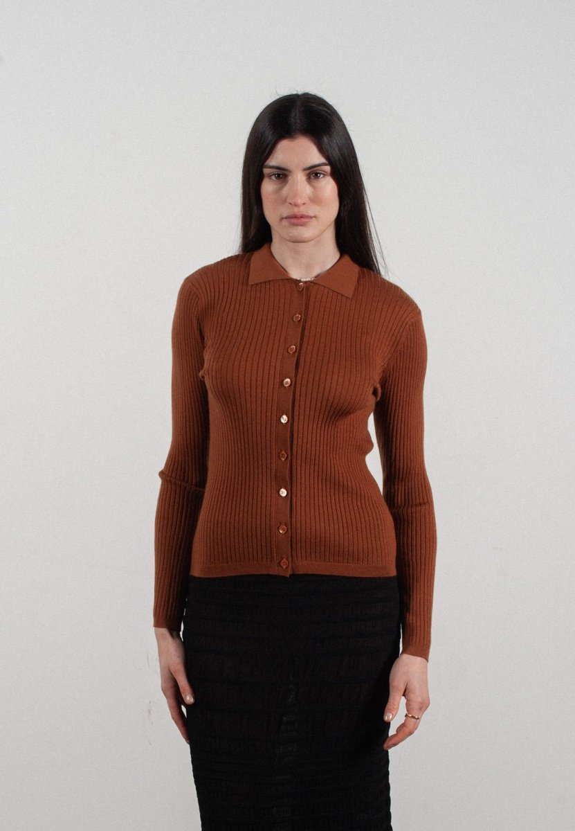 Chemise col polo manches longues en cachemire et laine ultrafin marron clair - FRIDA 4 - Studio cashmere8