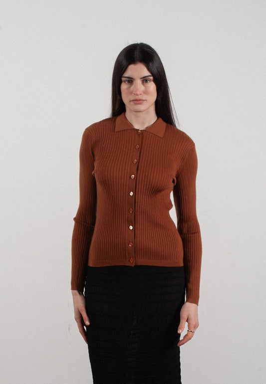 Chemise col polo manches longues en cachemire et laine ultrafin marron clair - FRIDA 4 - Studio cashmere8