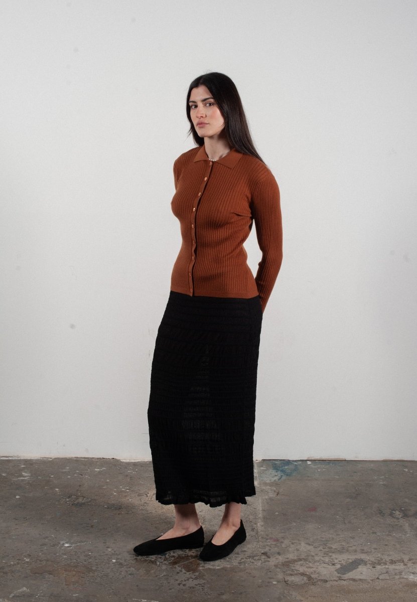 Chemise col polo manches longues en cachemire et laine ultrafin marron clair - FRIDA 4 - Studio cashmere8