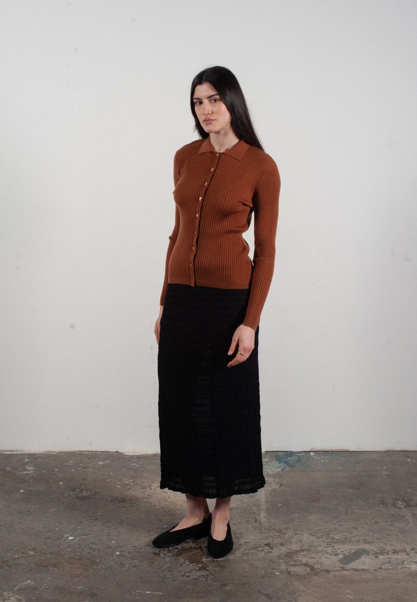 Chemise col polo manches longues en cachemire et laine ultrafin marron clair - FRIDA 4 - Studio cashmere8