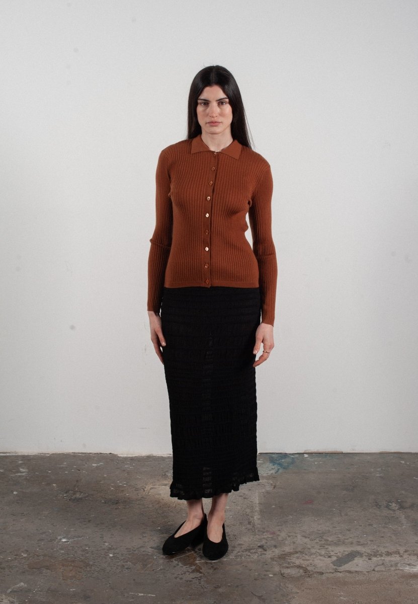 Chemise col polo manches longues en cachemire et laine ultrafin marron clair - FRIDA 4 - Studio cashmere8