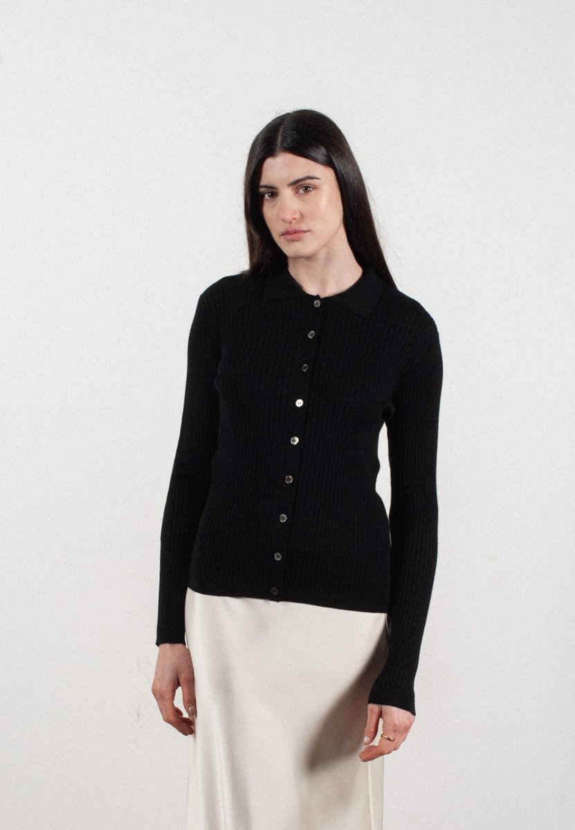 Chemise col polo manches longues en cachemire et laine ultrafin noir - FRIDA 4 - Studio cashmere8