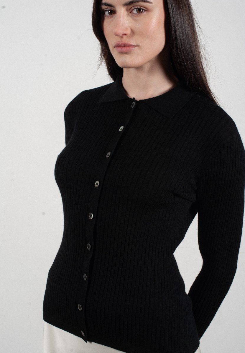 Chemise col polo manches longues en cachemire et laine ultrafin noir - FRIDA 4 - Studio cashmere8