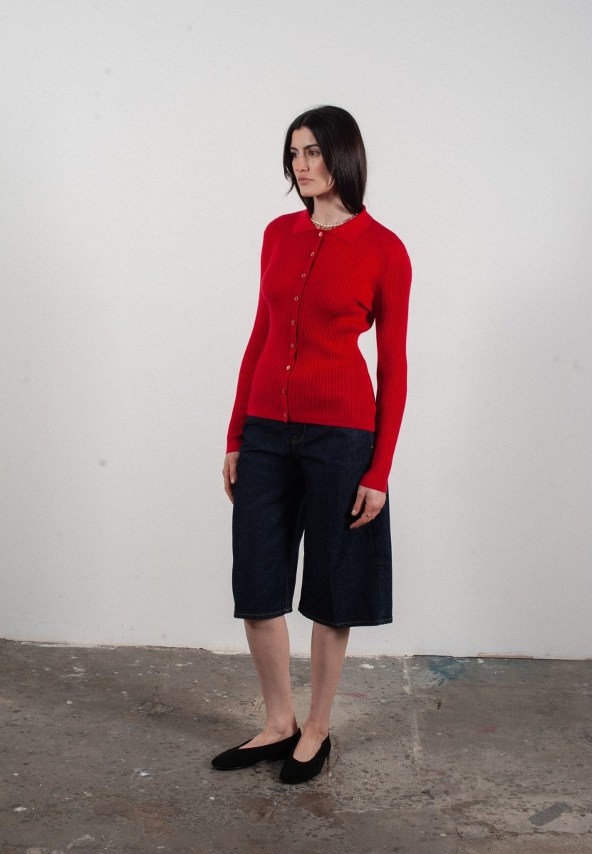 Chemise col polo manches longues en cachemire et laine ultrafin rouge - FRIDA 4 - Studio cashmere8