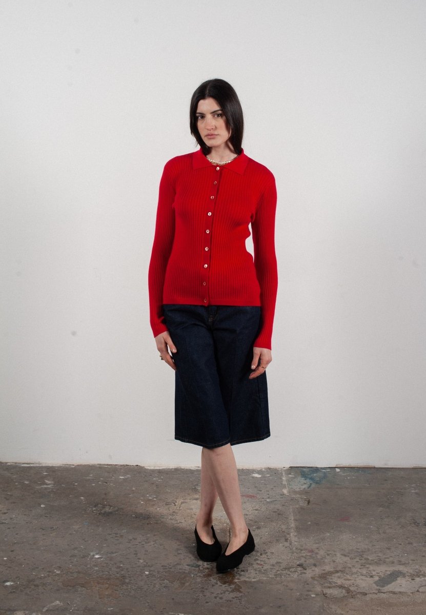 Chemise col polo manches longues en cachemire et laine ultrafin rouge - FRIDA 4 - Studio cashmere8