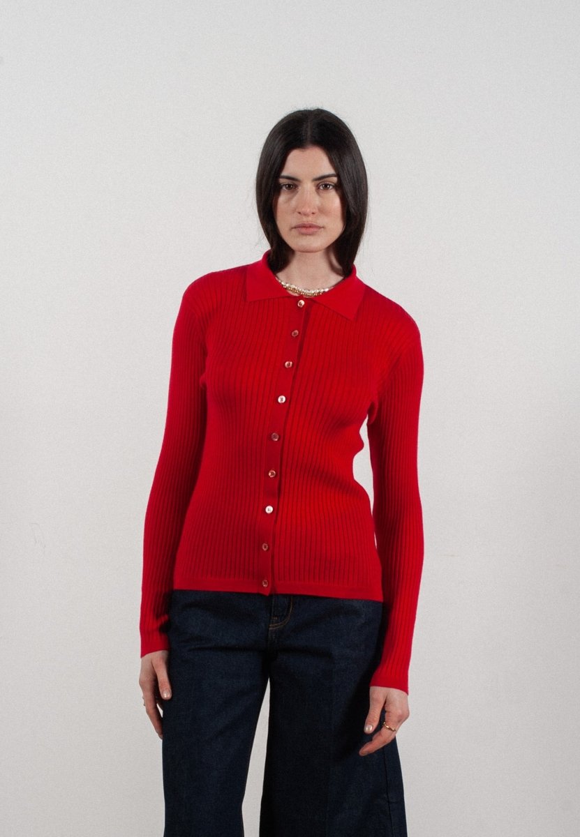 Chemise col polo manches longues en cachemire et laine ultrafin rouge - FRIDA 4 - Studio cashmere8