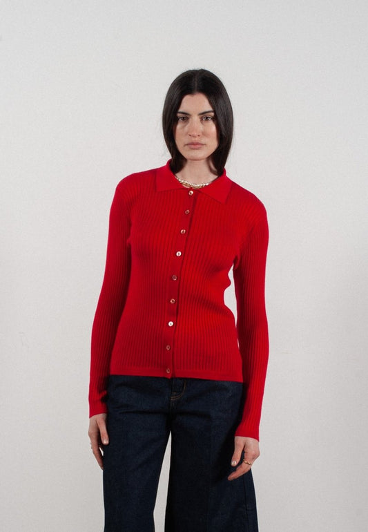 Chemise col polo manches longues en cachemire et laine ultrafin rouge - FRIDA 4 - Studio cashmere8