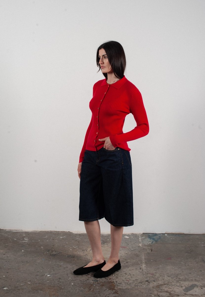 Chemise col polo manches longues en cachemire et laine ultrafin rouge - FRIDA 4 - Studio cashmere8