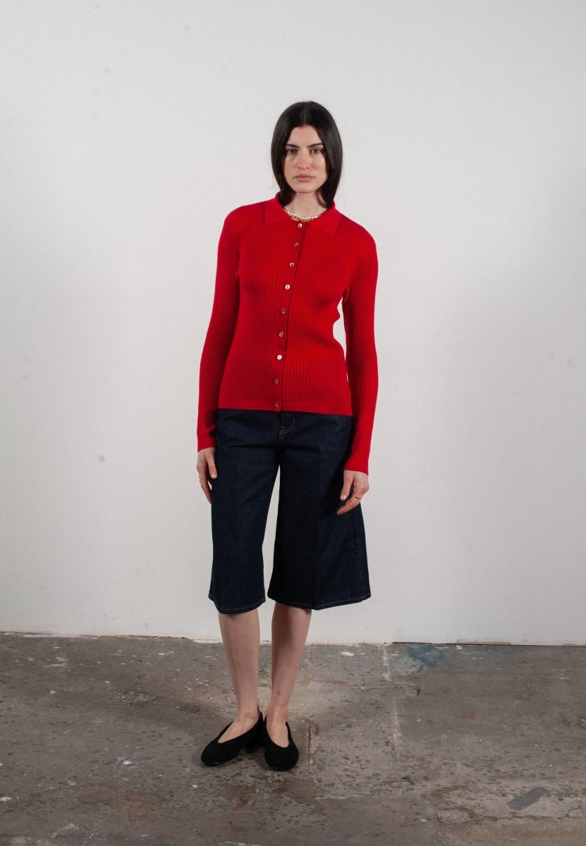 Chemise col polo manches longues en cachemire et laine ultrafin rouge - FRIDA 4 - Studio cashmere8