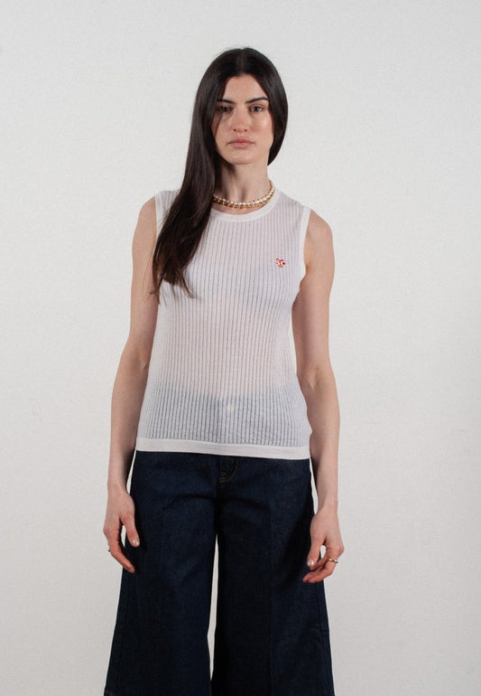 Débardeur col rond femme en cachemire et laine ajouré ultrafin blanc - FRIDA 2 - Studio cashmere8