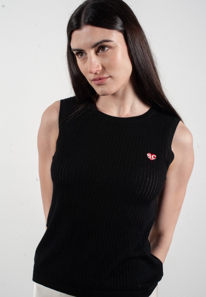 Débardeur col rond femme en cachemire et laine ajouré ultrafin noir - FRIDA 2 - Studio cashmere8