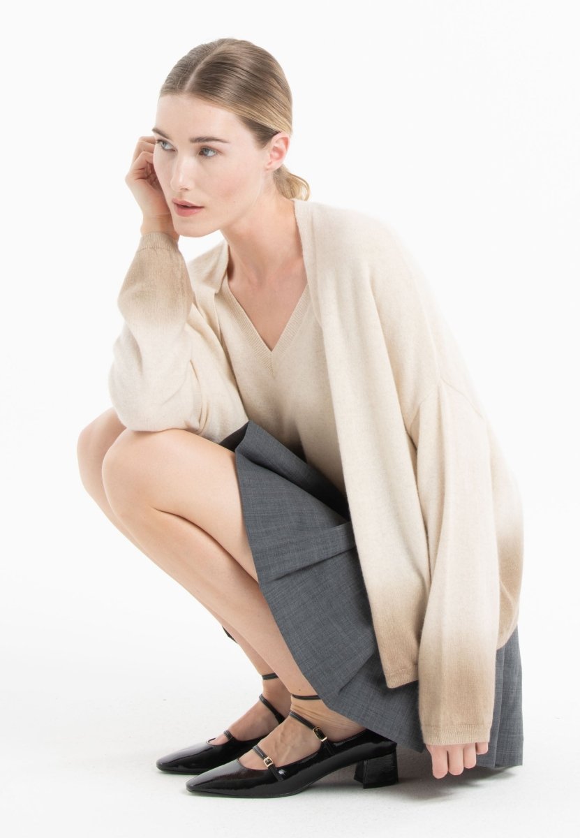 Gilet cachemire beige clair/beige foncé femme - NAMI 12 - Studio cashmere8