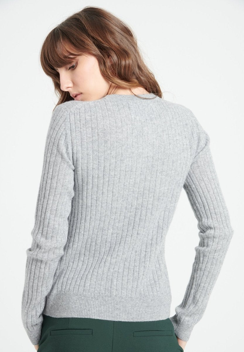 LILLY 16 Pull col rond en cachemire à mailles côtelées gris clair - Studio cashmere8