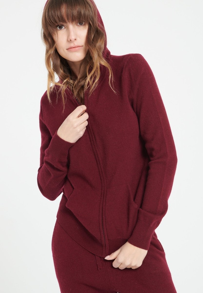 LILLY 8 Sweat à capuche zippé en cachemire rouge bordeaux - Studio cashmere8