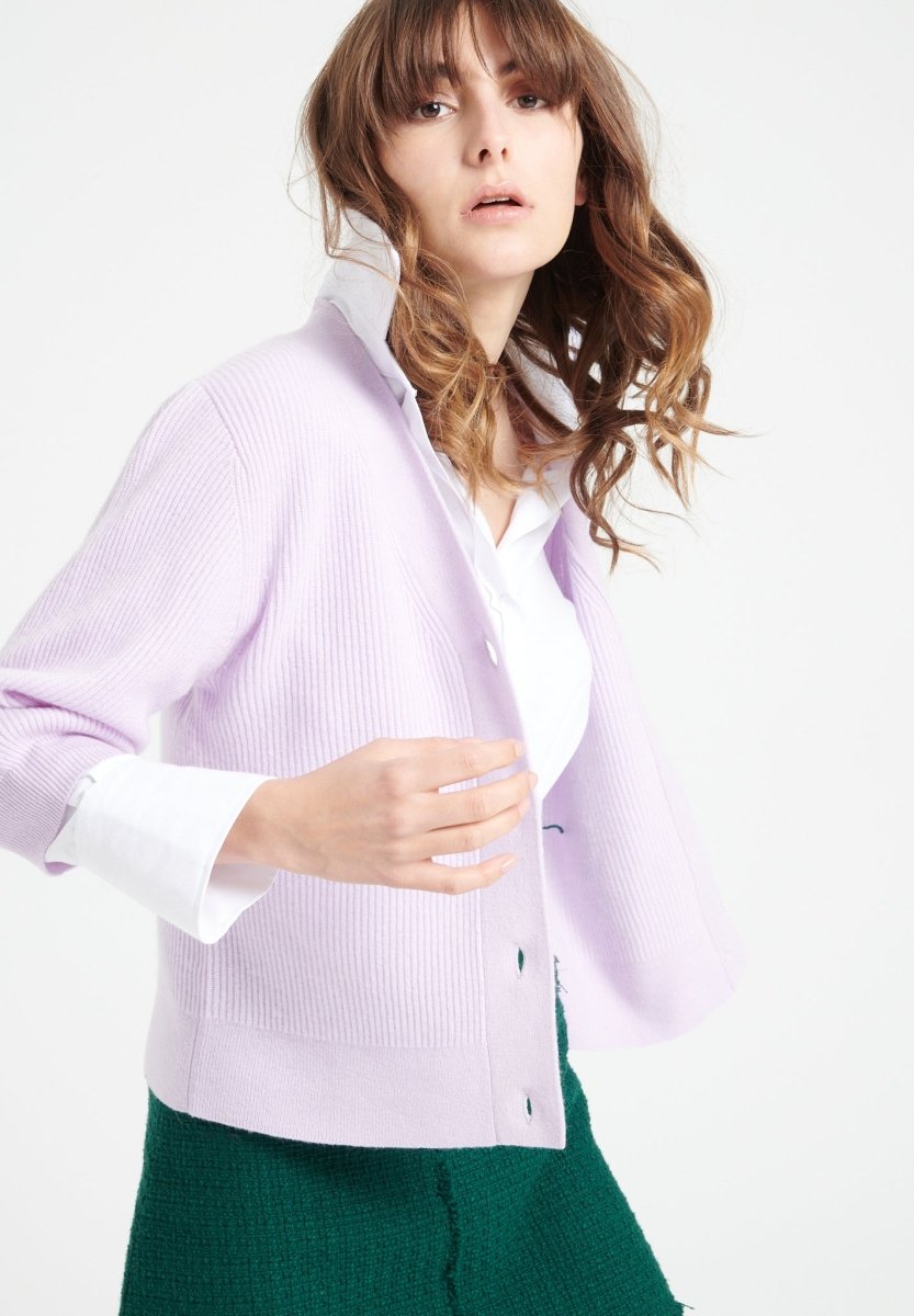 MIA 13 Cardigan col V en cachemire manches courtes à mailles côtelées lilas - Studio cashmere8