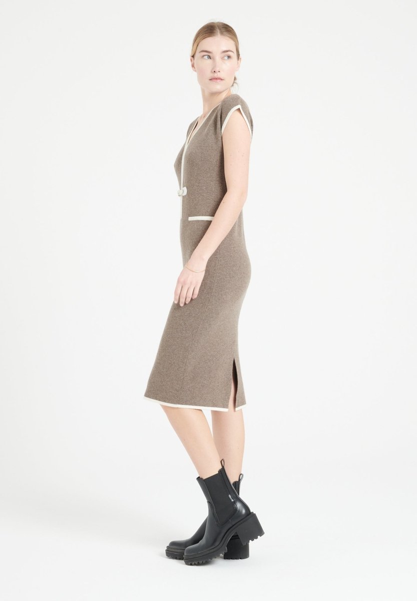 MIA 2 Robe midi col V en cachemire à maille milano taupe - Studio cashmere8