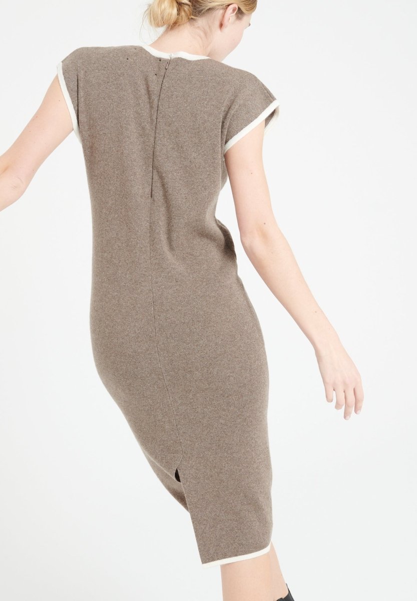 MIA 2 Robe midi col V en cachemire à maille milano taupe - Studio cashmere8