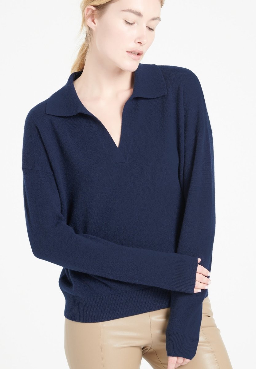 MIA 3 Polo manches longues en cachemire bleu marine - Studio cashmere8